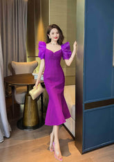 Vintage Puff Sleeve Mermaid Midi Dress S / Purple
